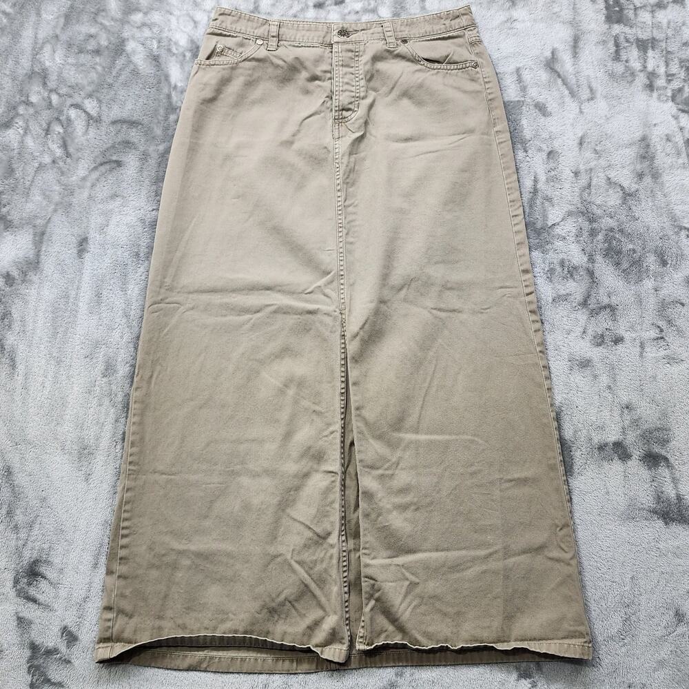 Vintage Y2K Delia's Skirt Womens 7/8 Tan Khaki Button Fly Pencil Maxi Front Slit